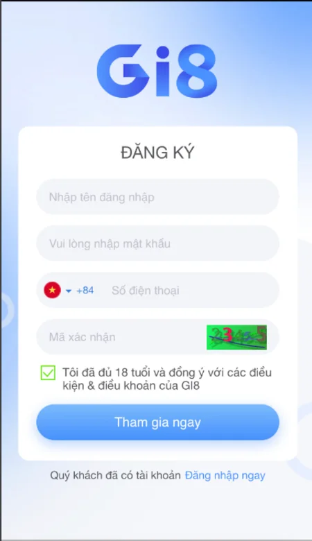 Giao diện Form đăng ký Gi8 trên Mobile